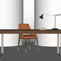 Modern Brown Table With Metal Legs And Orange Leather Chair Black Desk Lamp And Books