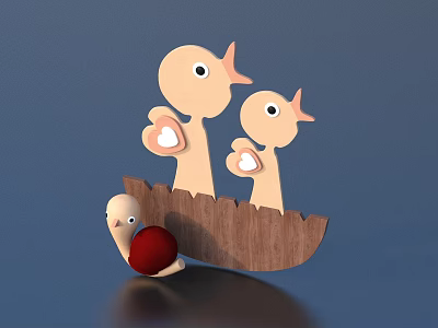 Adorable Duck Shaped Decorative Ornament Set With Baby Duck Red Accent And Wooden Base 3d model