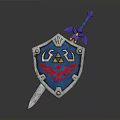 Decorative Weapon Collection Featuring Blue Shield With Red Eagle Emblem And Purple Hilt Sword