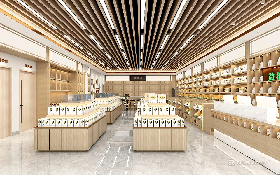 Modern Shopping Mall Store With Wooden Shelves Displayed Products Bright Lighting And Neat Layout 3d model 