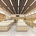 Modern Shopping Mall Store With Wooden Shelves Displayed Products Bright Lighting And Neat Layout