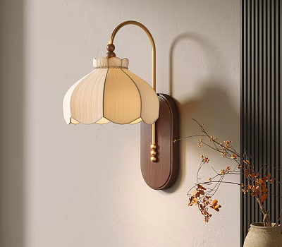 Elegant Wall Lamp with White Pleated Shade Brass Arm Wooden Base on Beige Wall 3d model