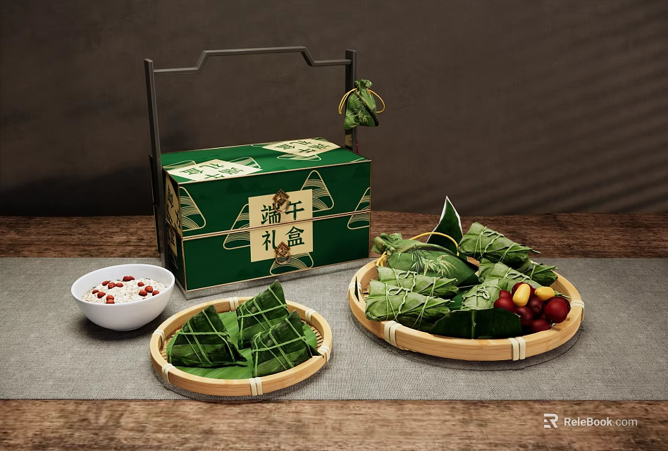 Traditional Dragon Boat Festival Zongzi in Green Gift Box with Reed Leaves and Bamboo Trays 3d model 