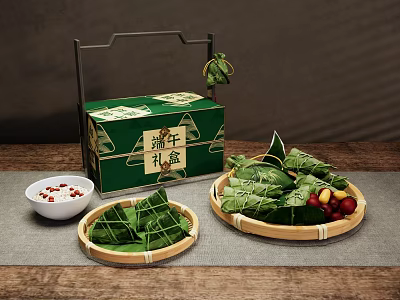 Traditional Dragon Boat Festival Zongzi in Green Gift Box with Reed Leaves and Bamboo Trays 3d model