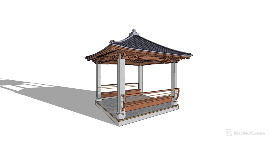 Traditional Chinese Pavilion With Black Tiled Roof Wooden Structure And Bench Seating 3d model 