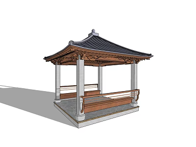 Traditional Chinese Pavilion With Black Tiled Roof Wooden Structure And Bench Seating 3d model
