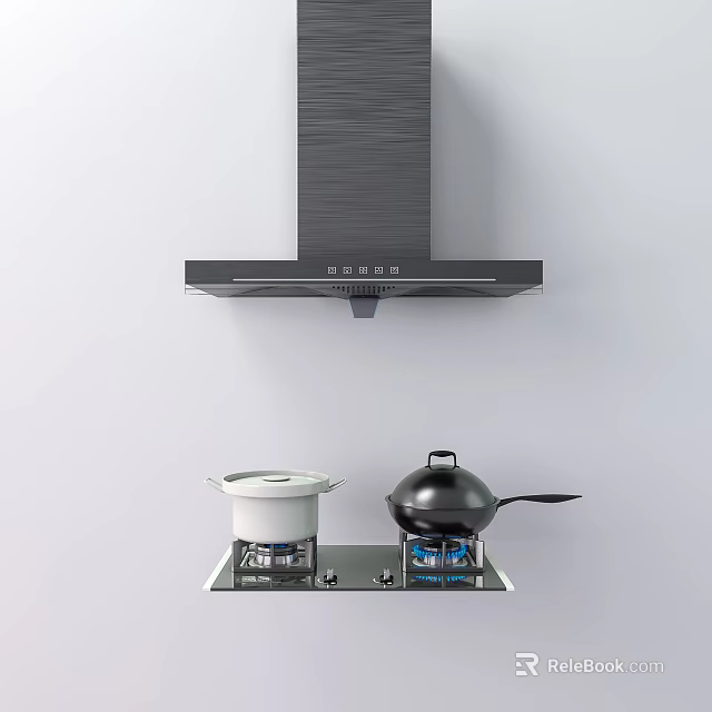 Modern Kitchen Appliances With Range Hood Gas Stove White Pot And Black Wok 3d model 
