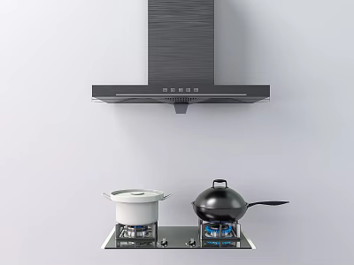 Modern Kitchen Appliances With Range Hood Gas Stove White Pot And Black Wok 3d model