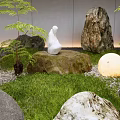 Tranquil Garden Ornaments Scene With Swan Ornament Round Lights Ferns Rocks Lantern And Gravel Ground