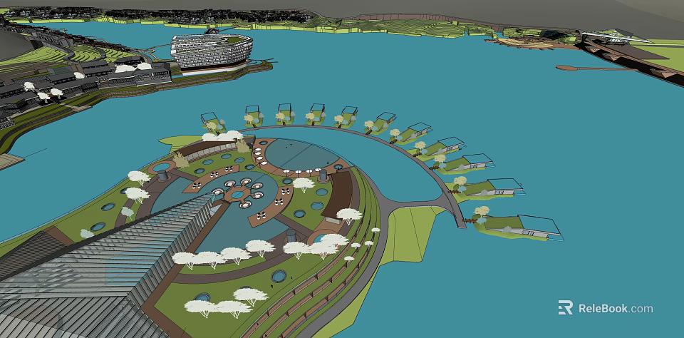 Waterfront Landscape Design Featuring Circular Green Space Trees Walking Paths And Modern Buildings 3d model