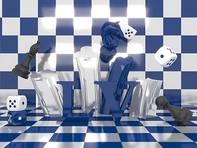 Blue And White Checkered Photo Check In Spot With Chess Pieces Dice And LV Sculpture 3d model