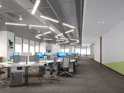 Modern Public Office Space with Desks Computers Office Chairs Pendant Lights Windows and Carpeted Floor 3d model