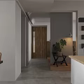Modern Public Office Space With Wooden Desk Gray Office Chairs Hanging Lights And Window Blinds
