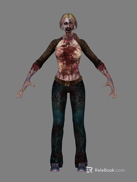 Zombie Woman Character With Bloody Tattered Shirt And Dirty Pants Design 3d model 
