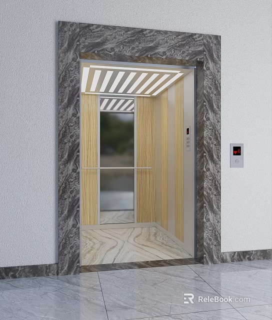 Modern Elevator With Wooden Interior Glass Door Marble Wall And Stripe Ceiling 3d model 