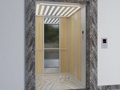 Modern Elevator With Wooden Interior Glass Door Marble Wall And Stripe Ceiling 3d model