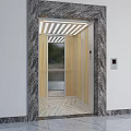 Modern Elevator With Wooden Interior Glass Door Marble Wall And Stripe Ceiling