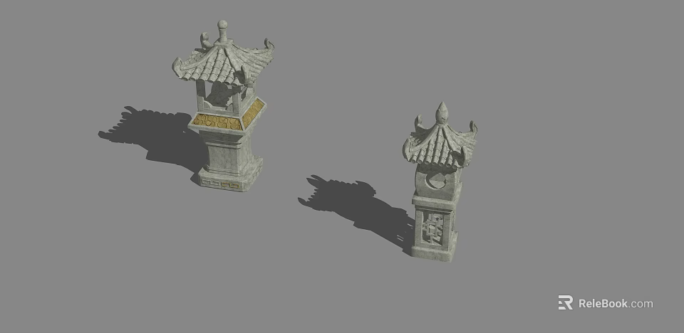 Traditional Chinese Stone Floor Lamps with Pagoda Style Roof and Carved Base 3d model 