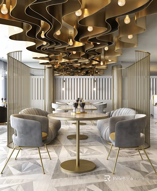 Luxurious Restaurant Interior With Gold Wavy Ceiling Lamps And Gray Armchairs 3d model 