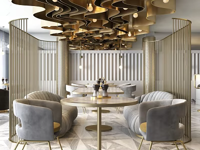 Luxurious Restaurant Interior With Gold Wavy Ceiling Lamps And Gray Armchairs 3d model