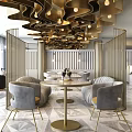 Luxurious Restaurant Interior With Gold Wavy Ceiling Lamps And Gray Armchairs