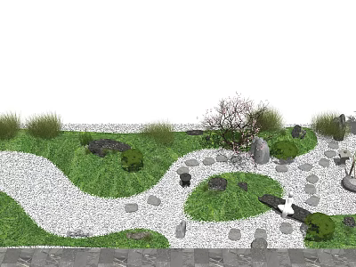 Karesansui Zen Garden Design with White Pebble Path Green Moss and Natural Rocks 3d model
