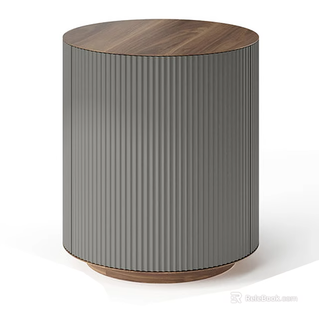 Modern Cylindrical Coffee Table With Gray Ribbed Design And Wooden Top 3d model 