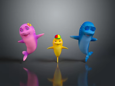 Colorful Cartoon Dolphin Characters With Flower Hat And Sunglasses In Playful Poses 3d model