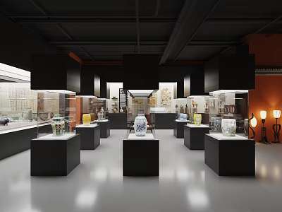 Modern Exhibition Hall Interior With Glass Display Cases And Artifacts Lighting 3d model