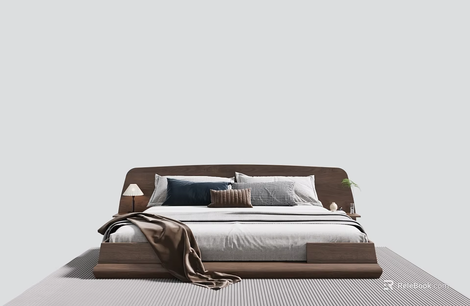 Modern Wooden Double Bed with Blue Gray Pillows Brown Blanket Bedside Lamp and Plant 3d model 