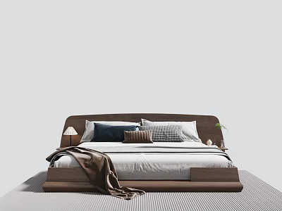 Modern Wooden Double Bed with Blue Gray Pillows Brown Blanket Bedside Lamp and Plant 3d model