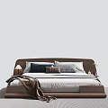 Modern Wooden Double Bed with Blue Gray Pillows Brown Blanket Bedside Lamp and Plant