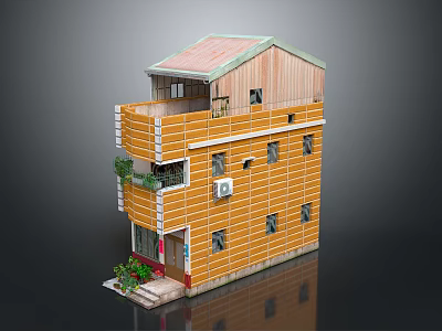 Yellow Two Story Building With Red Roof Wooden Exterior Balcony Multiple Windows And Front Plants 3d model