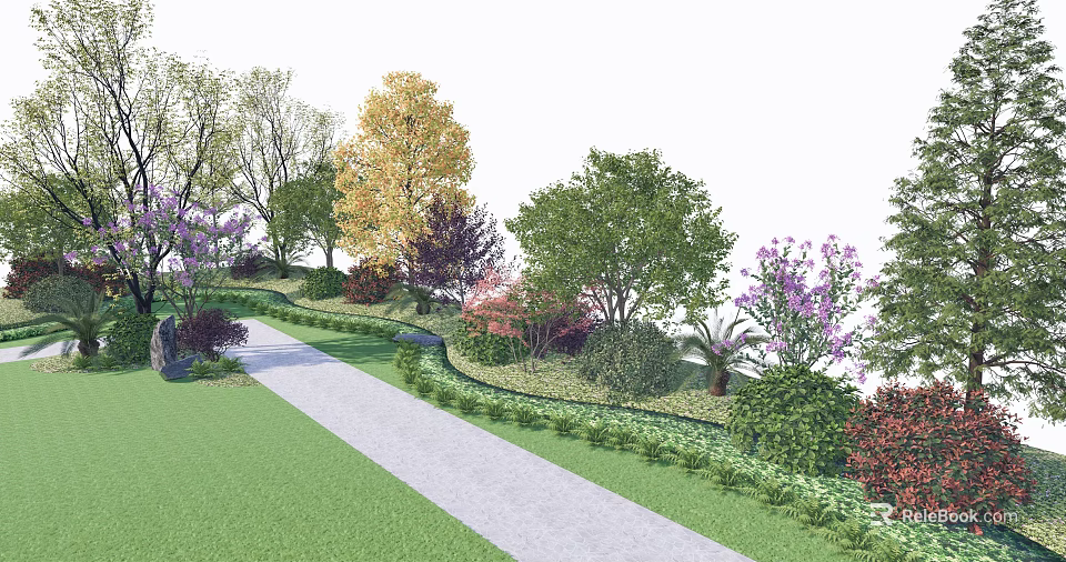Arbor Centered Garden With Lush Lawn Colorful Trees Flowering Shrubs And Path 3d model 