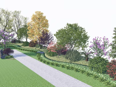 Arbor Centered Garden With Lush Lawn Colorful Trees Flowering Shrubs And Path 3d model