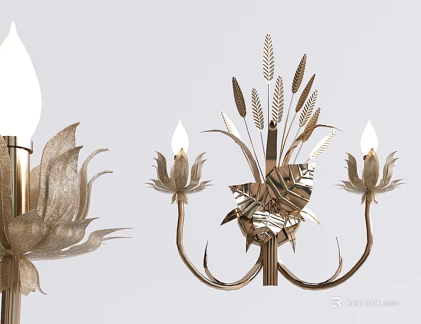 Elegant Golden Wall Lamp With Leaf Decorations Wheat Ear Details And Candle-shaped Bulbs 3d model 
