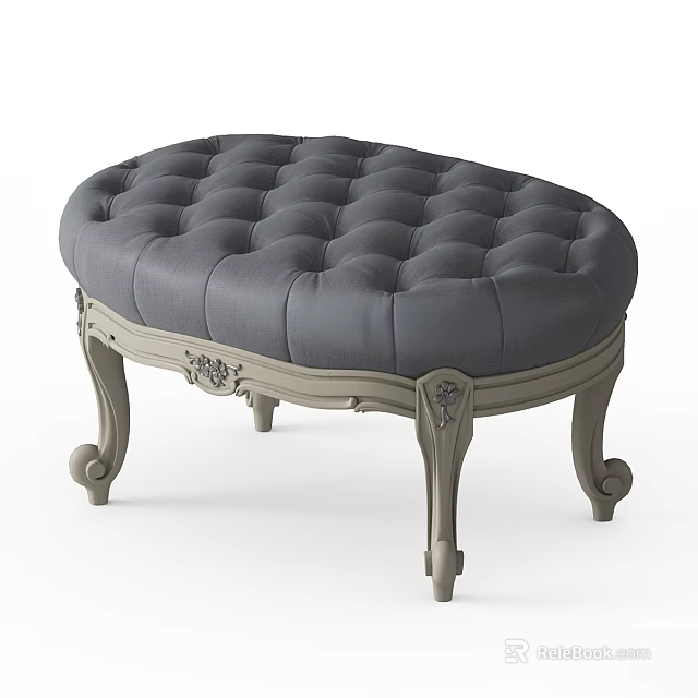 Elegant Classic Gray Tufted Sofa Stool With Carved Legs And Upholstered Seat 3d model 
