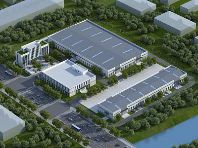 Modern Industrial Factory Design Surrounded by Green Trees Near Roads With Parking Area and Waterfront 3d model