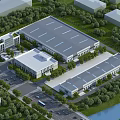 Modern Industrial Factory Design Surrounded by Green Trees Near Roads With Parking Area and Waterfront