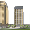 Modern Commercial Street With Tall Buildings Arch Bridge And Green Trees