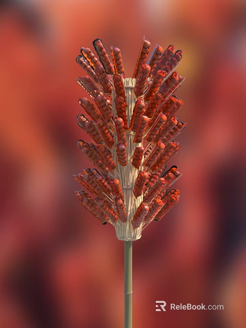 Red Grilled Shrimp Skewers Arranged On Bamboo Sticks For Serving 3d model 