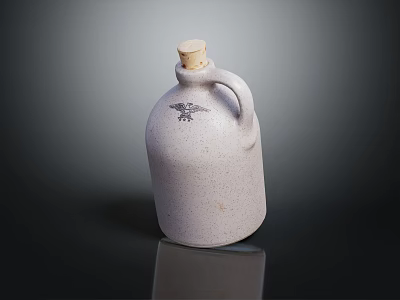 White Ceramic Wine Bottle With Wooden Cork Handle Black Eagle Design On Black Glossy Surface 3d model