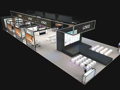 Spacious Modern Exhibition Booth With Logo Signage Display Screen And Seating Area 3d model