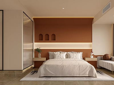Modern Hotel Room Interior With Warm Brown Accent Wall White Bedding And Cozy Sofa 3d model