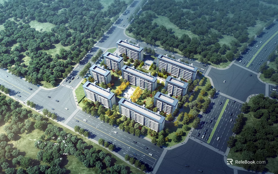 Birds Eye View Planning of Residential Complex With Central Green Space And Surrounding Trees 3d model 