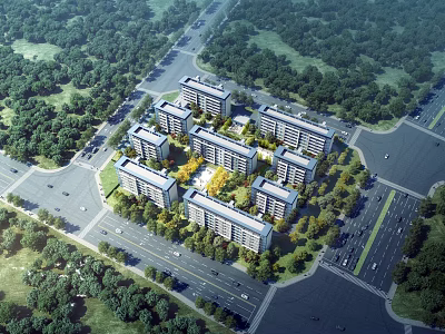Birds Eye View Planning of Residential Complex With Central Green Space And Surrounding Trees 3d model