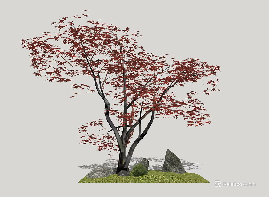 Red Leaved Tree with Black Trunks Surrounded by Stones and Green Grass 3d model 
