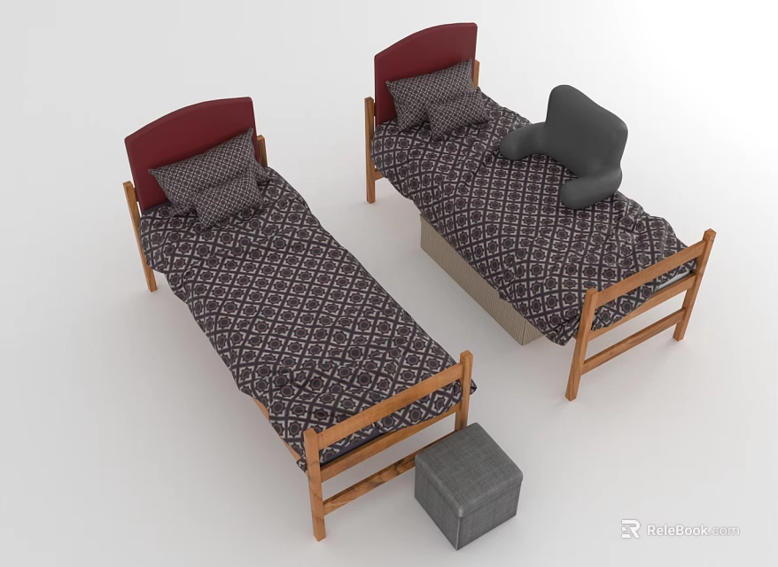 Two Single Beds with Wooden Frame Red Headboard Patterned Bedspread Pillow and Gray Small Stool 3d model 