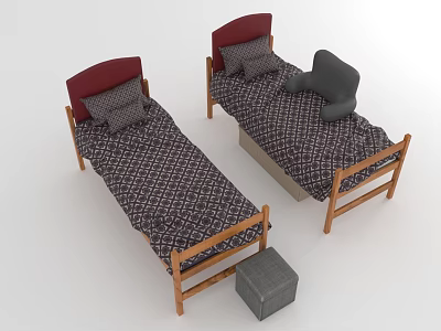 Two Single Beds with Wooden Frame Red Headboard Patterned Bedspread Pillow and Gray Small Stool 3d model