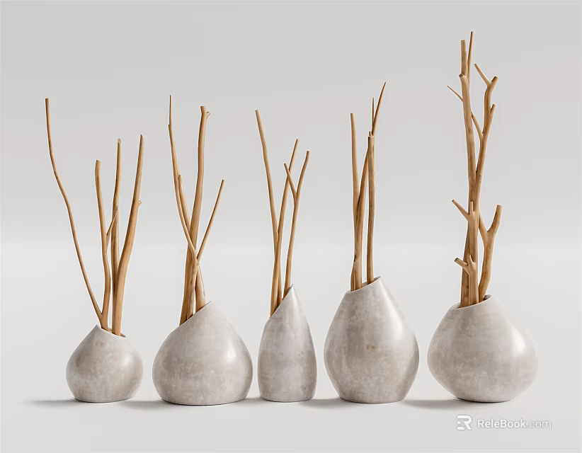 Five White Teardrop Shaped Vases With Brown Branches For Modern Interior Decor 3d model